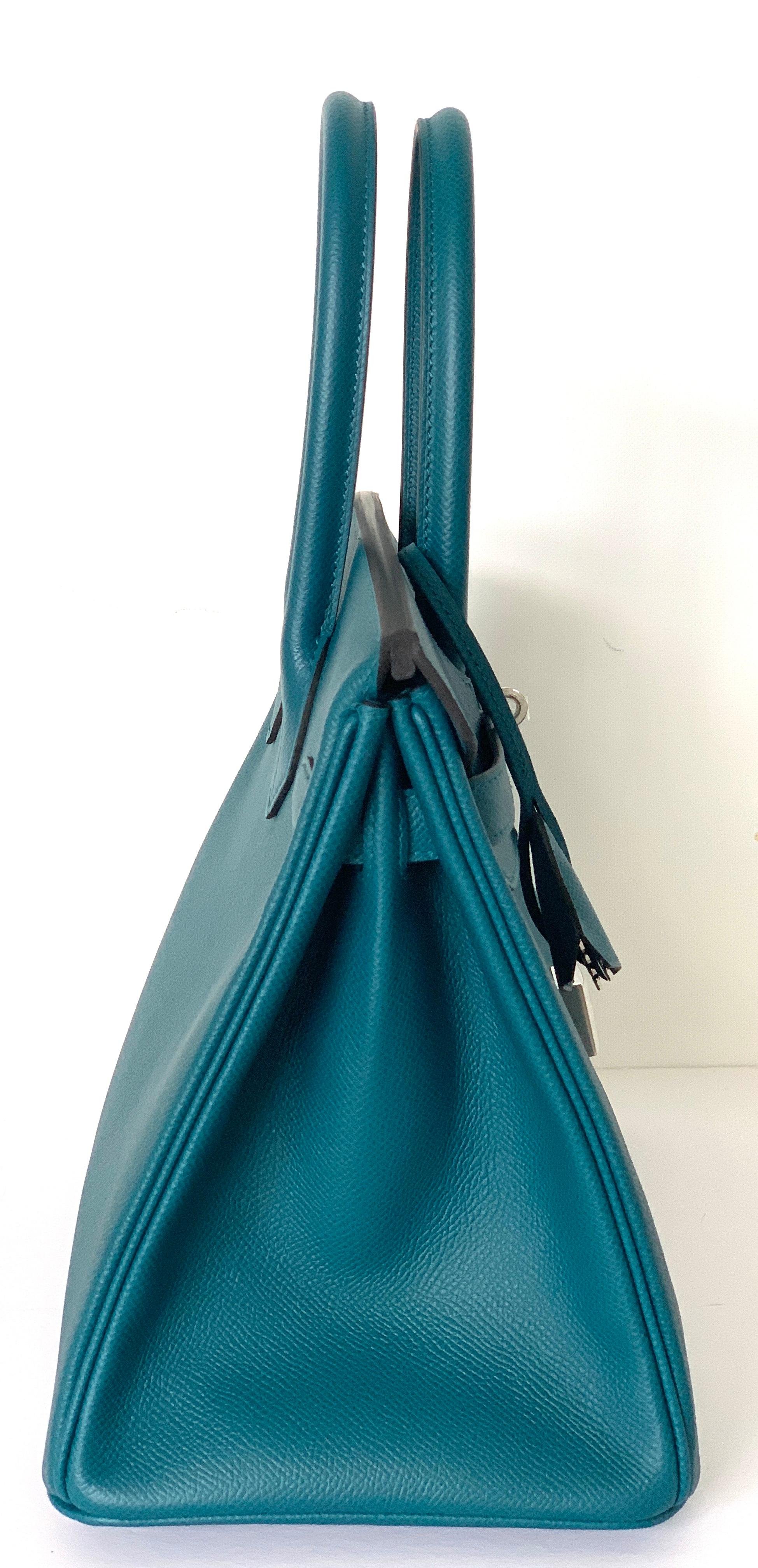 Blue Hermes Birkin 30 Vert Bosphore Epsom Palladium Handbag Bag