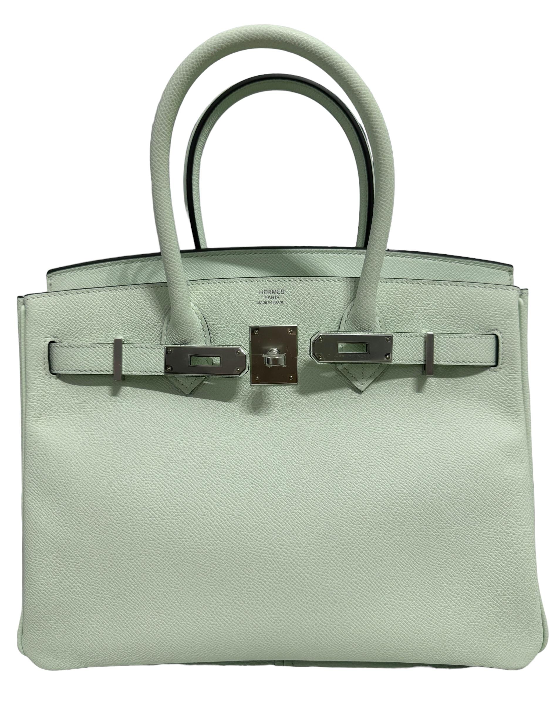 Grigio Hermes Birkin 30 Vert Fizz Green Epsom Leather Palladium Hardware Handbag 2024 in vendita