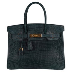 Antique Hermes Birkin 30 Vert Fonce Matte Porosus Crocodile Bag Gold Hardware