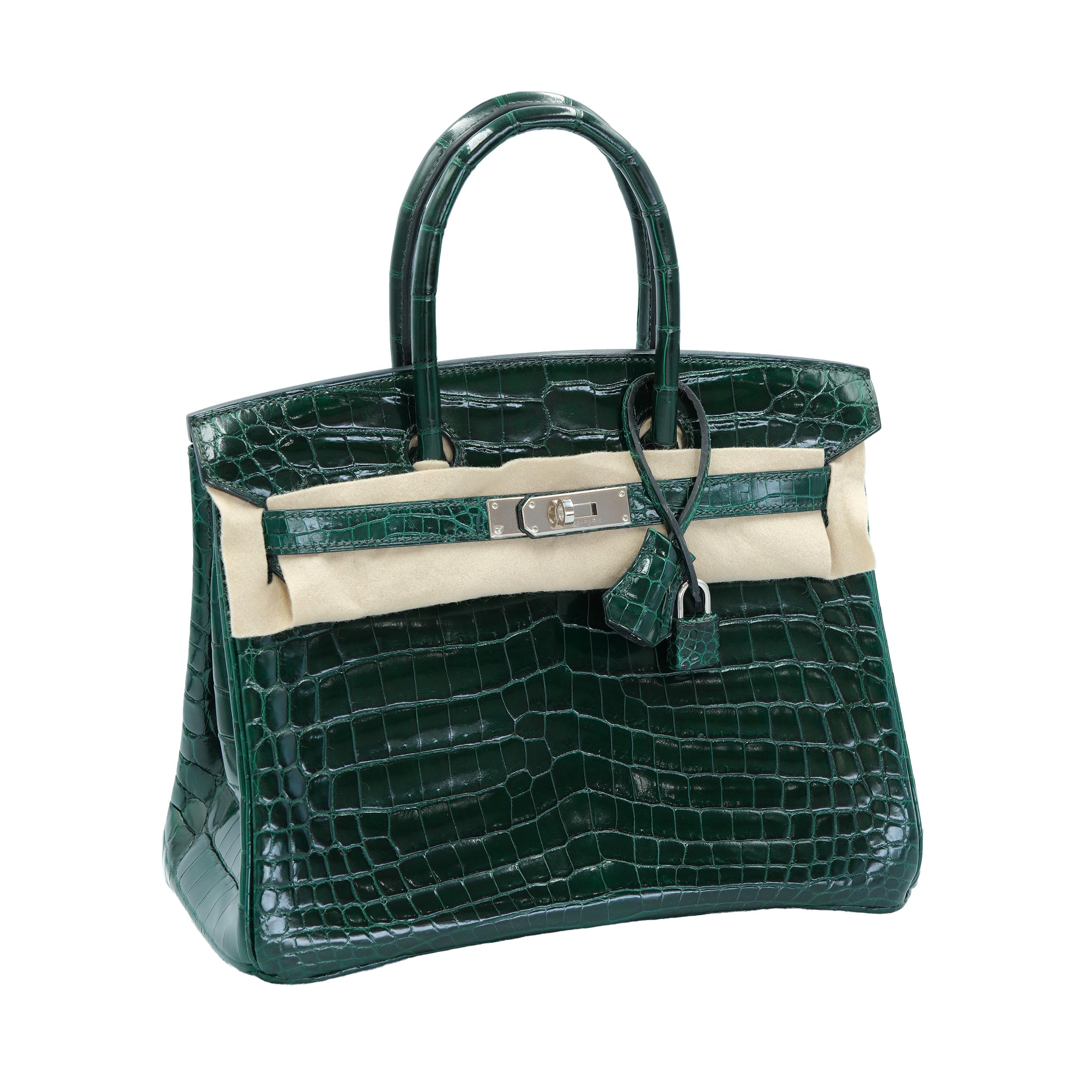 Noir Hermes Birkin 30 Vert Foncé Crocodile Niloticus brillant avec quincaillerie en palladium en vente
