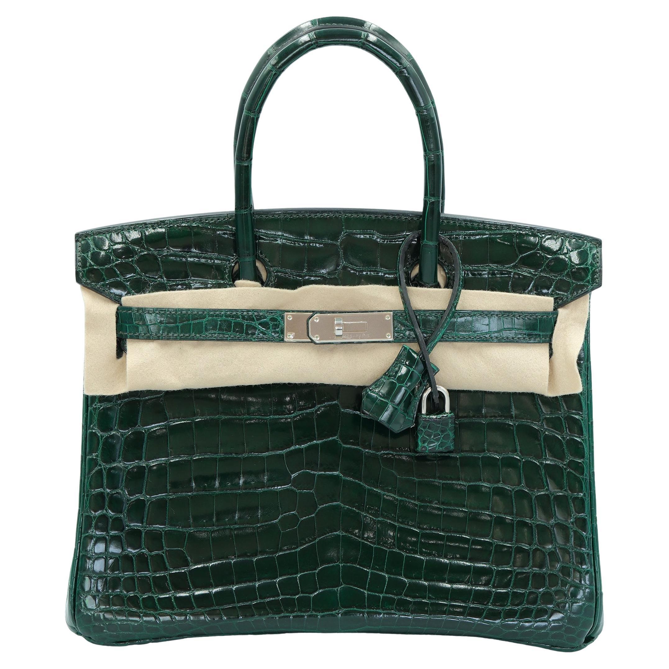 Hermes Birkin 30 Vert Foncé Crocodile Niloticus brillant avec quincaillerie en palladium en vente
