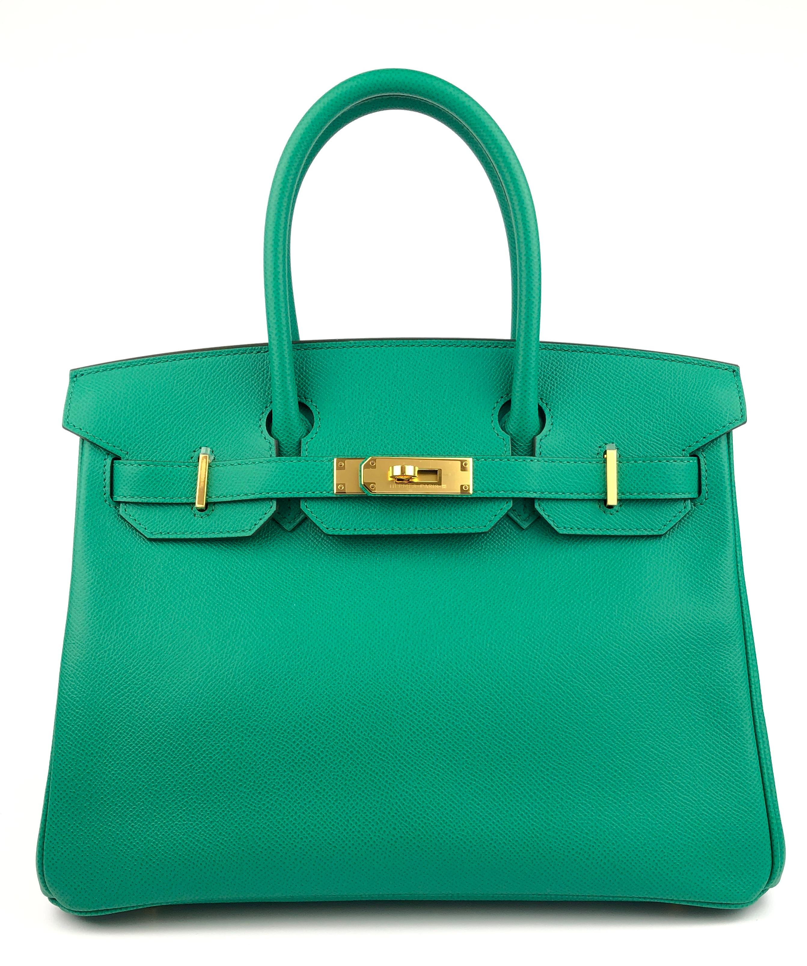 Absolutely Stunning 2021 Hermes Birkin 30 Vert Jade Epsom Leather Gold Hardware . Z Stamp 2021. Pristine Condition with Plastic on Hardware. Worn only a few times.

Please keep in mind that this is a pre owned item, the bag has been carried before,