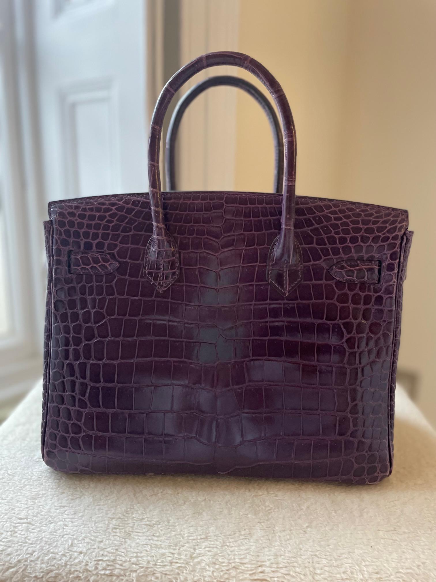 Hermes Birkin 30 Violet Purple Porosus Crocodile PHW bag In Excellent Condition In London, England