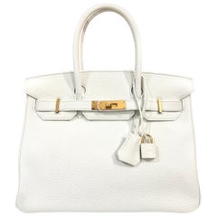 Hermes Birkin 30 White Leather Gold Hardware Handbag Bag