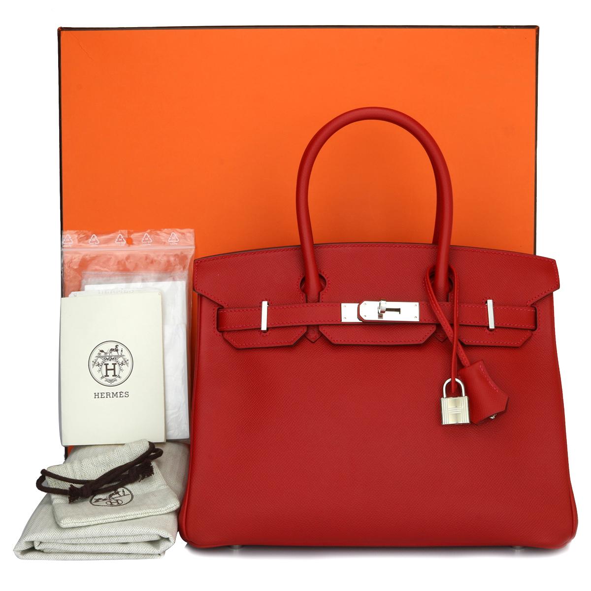 Authentic Hermès Birkin 30cm Q5 Rouge Casaque Epsom Leather with Palladium Hardware Stamp Q 2013.

This bag is still in a pristine condition. The leather still smells fresh as when new, along with it still holding to the original shape. The hardware