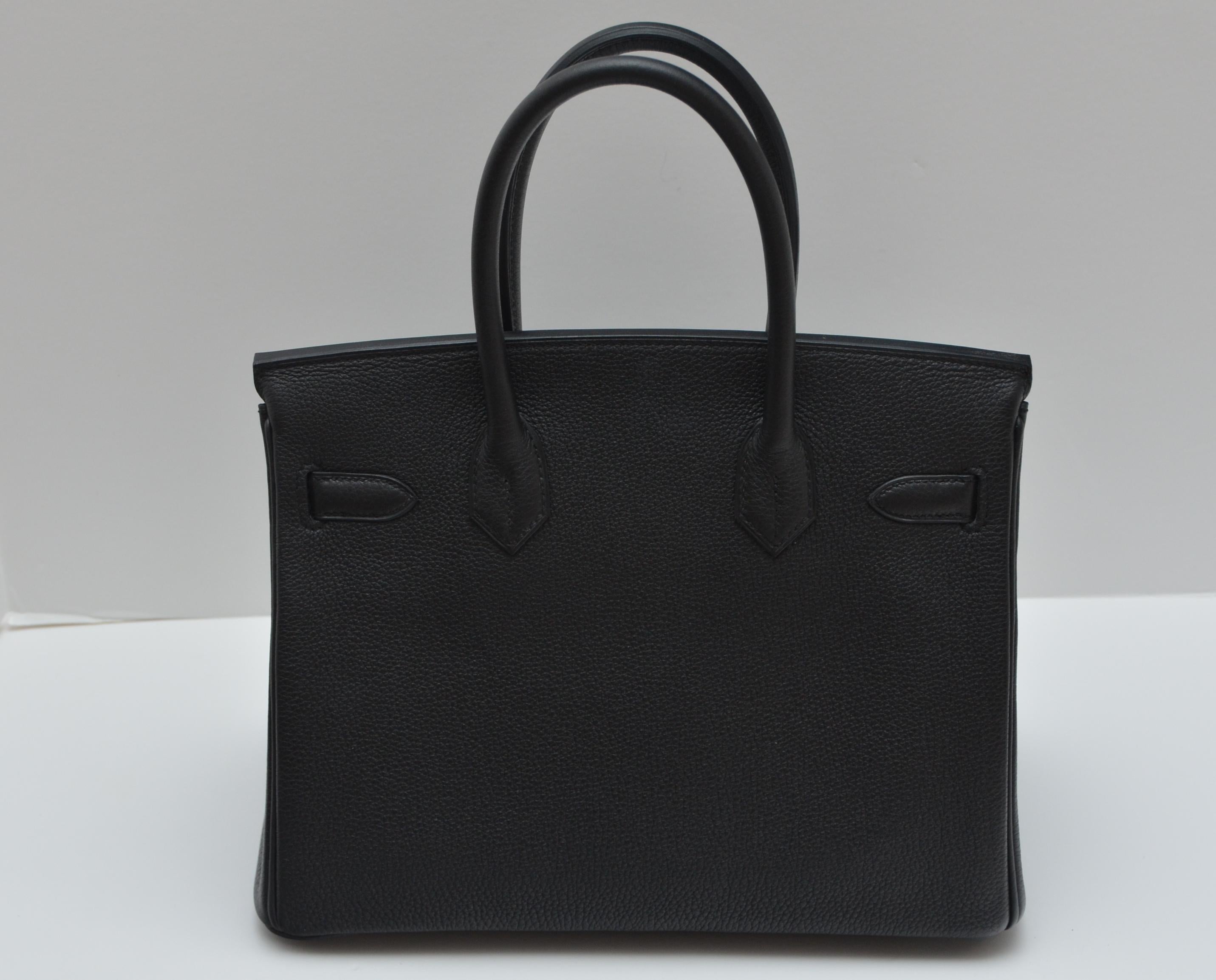 Hermes Black Togo 30cm Birkin Palladium Hardware Leather Bag 
Comes with  keys, lock, clochette, a sleeper for the bag, rain protector, and signature orange Hermes box. 
Please note:felt that usually comes with Birkin is not