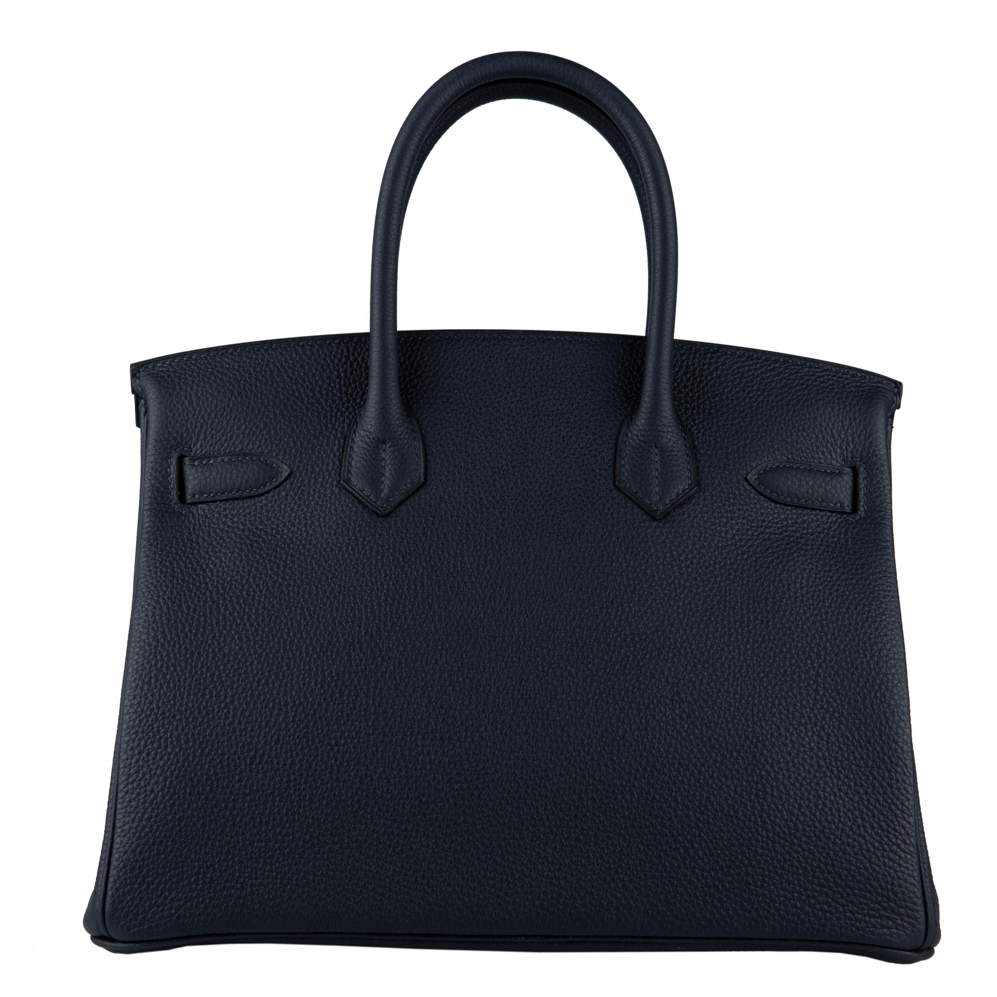 Brand: Hermès 
Style: Birkin 
Size: 30cm
Color: Blue Nuit
Leather: Togo 
Hardware: Gold
Stamp: 2019 D

Condition: Pristine, never carried: The item has never been carried and is in pristine condition complete with all accessories.

Accompanied by: