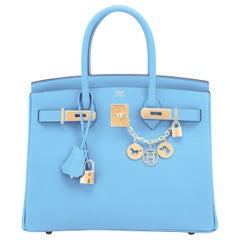 Hermes Birkin 30cm Celeste Birkin Sky Blue Epsom Gold Hardware Bag NEW IN BOX