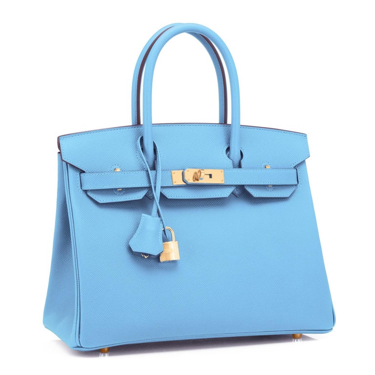 Women's Hermes Birkin 30cm Celeste Birkin Sky Blue Epsom Gold Hardware Bag U Stamp, 2022 For Sale