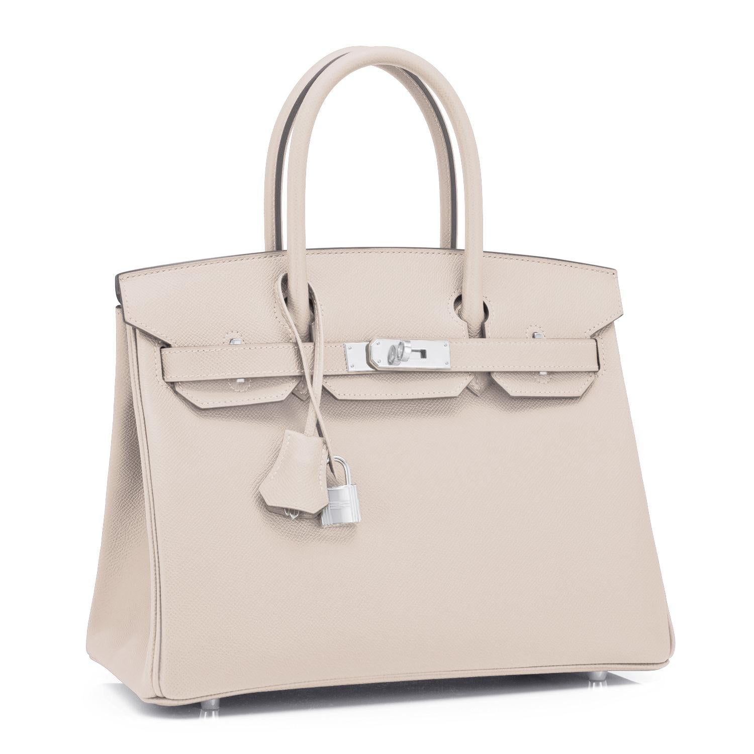 Hermes Birkin 30cm Craie Off White Epsom Palladium Hardware Y Stamp, 2020
Just purchased from Hermes store; bag bears new 2020 interior Y Stamp.
Brand New in Box. Store Fresh. Pristine Condition (with plastic on hardware)
Perfect gift! Comes in full