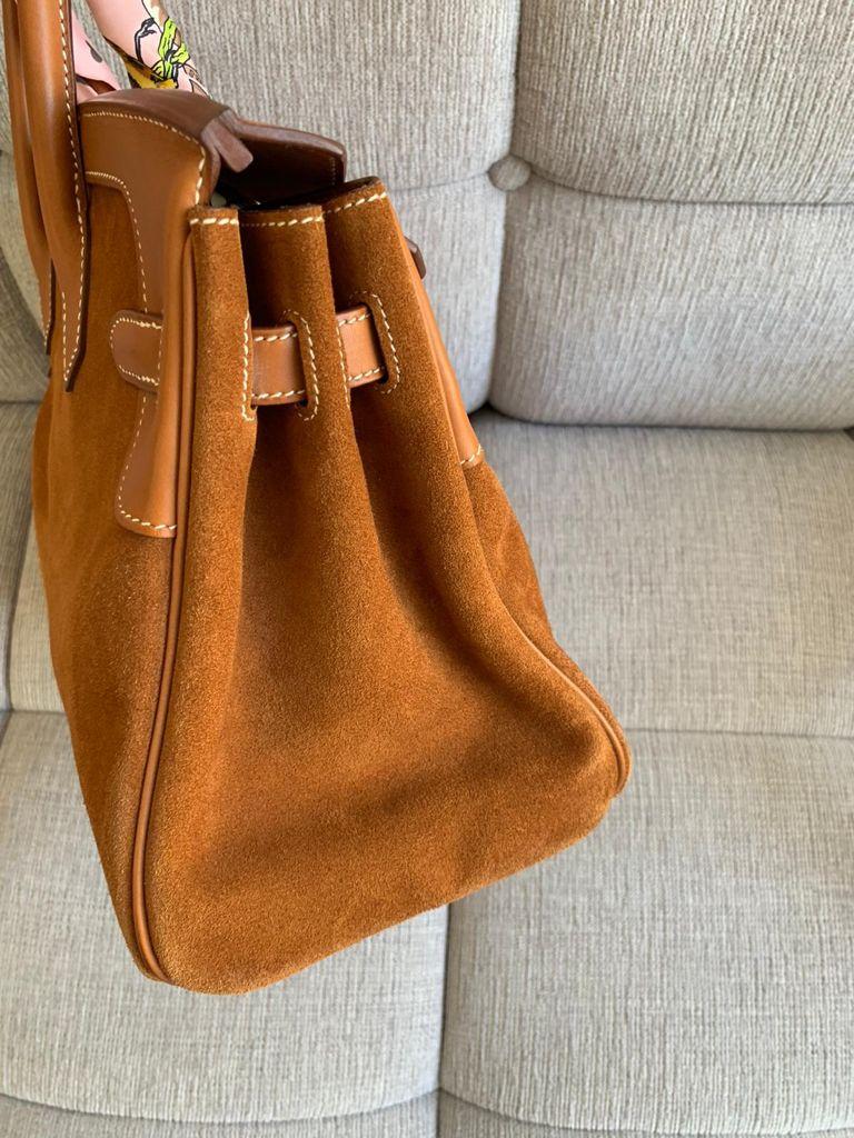 Brand: Hermès 
Style: Birkin Grizzly Ghillies
Size: 30cm
Color: Fauve
Leather: Barenia and Grizzly Suede
Hardware: Permabrass
Year: 2012 P

Condition: Preloved Very Good: This item has been used, visible signs of use are present. 

Accompanied by: