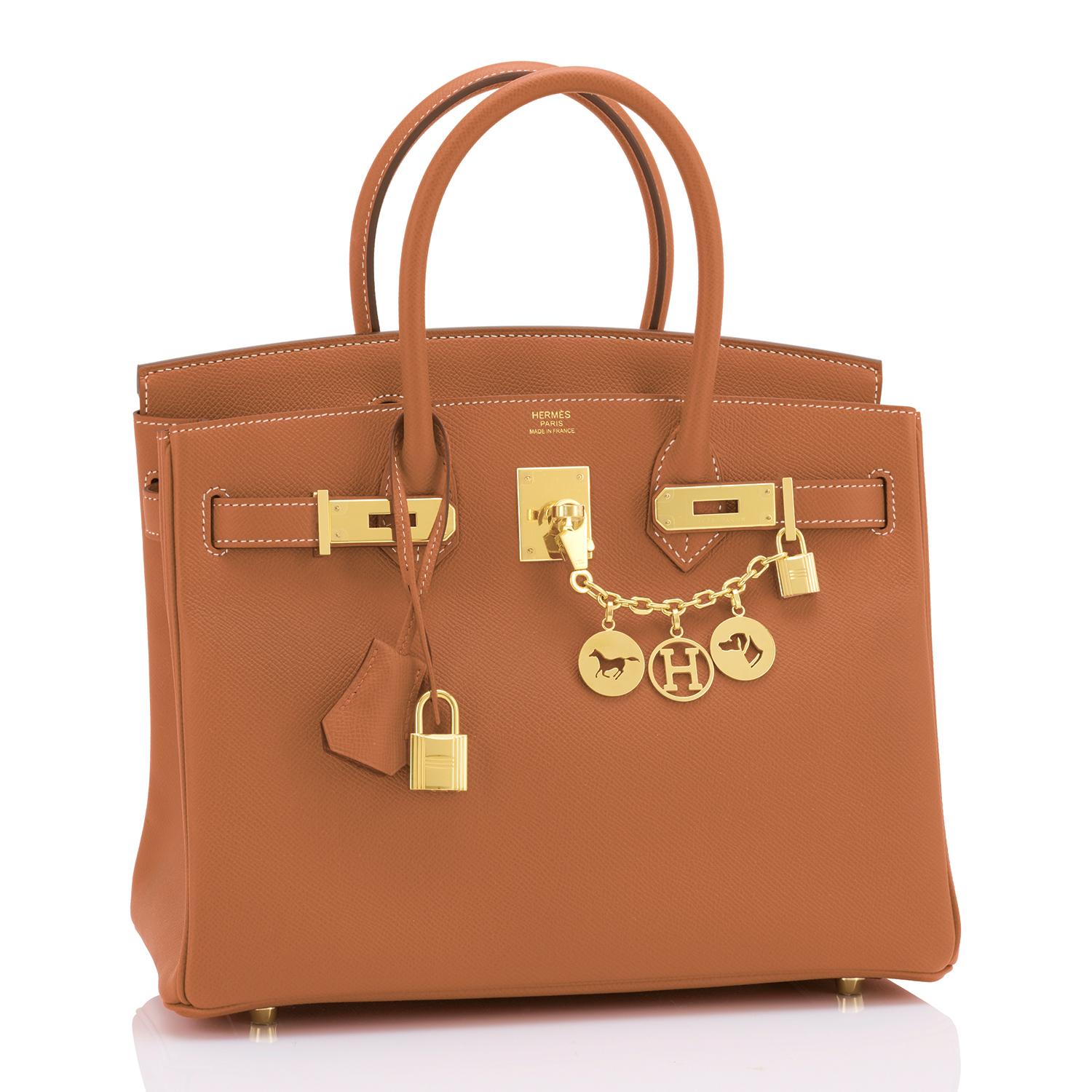 Hermes Gold Camel Tan 30cm Birkin Gold Hardware NEW Store Fresh
Brand New in Box. Store Fresh. Pristine Condition (with plastic on hardware). 
Perfect gift! Comes with lock, keys, clochette, sleeper, raincoat, and Hermes box.
Gold is a gorgeous