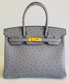 Hermes Birkin 30cm Gris Agate Ostrich Special Order Blue Iris Inside