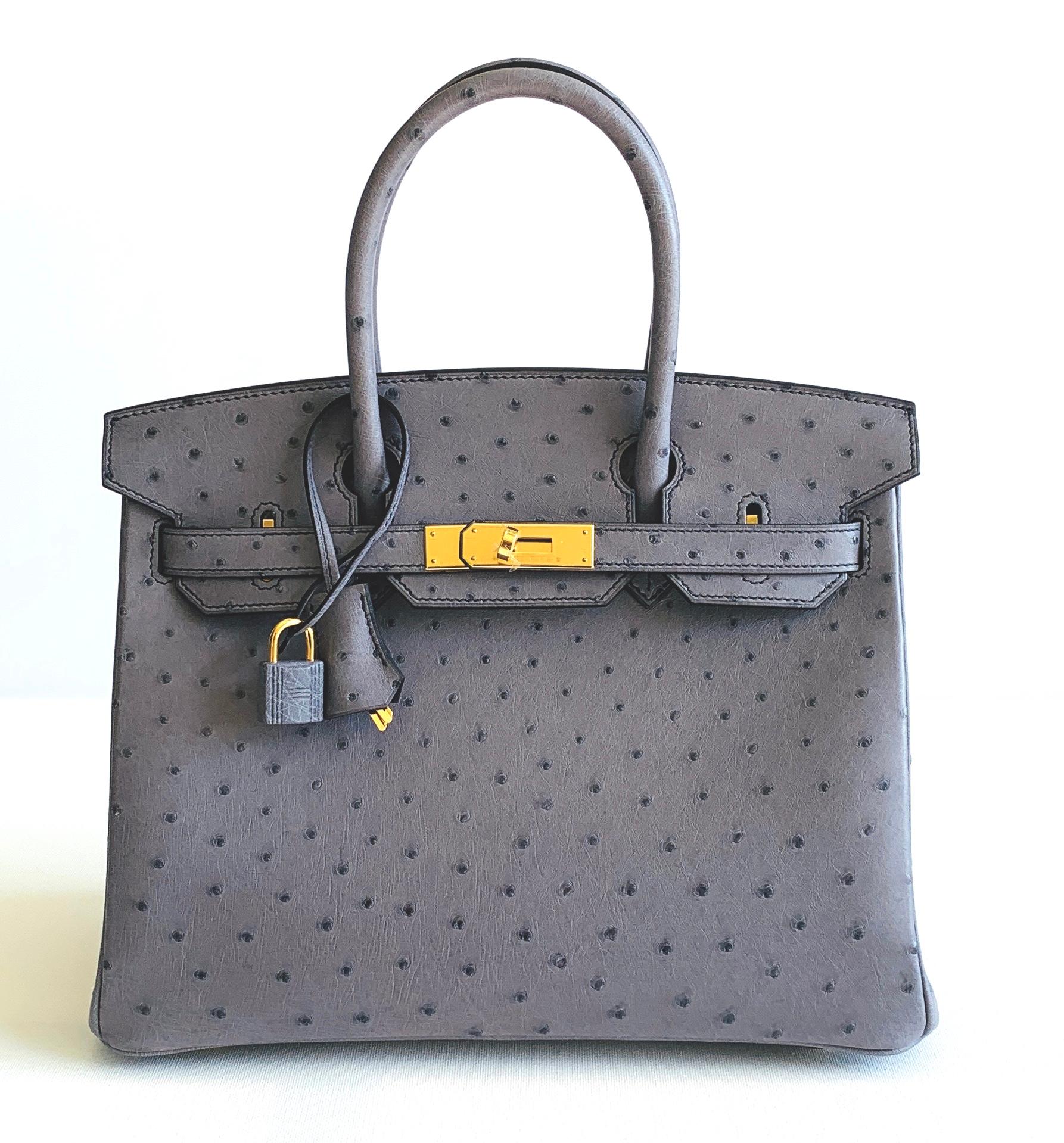 Gray Hermes Birkin 30cm Gris Agate Ostrich Special Order Blue Iris Inside