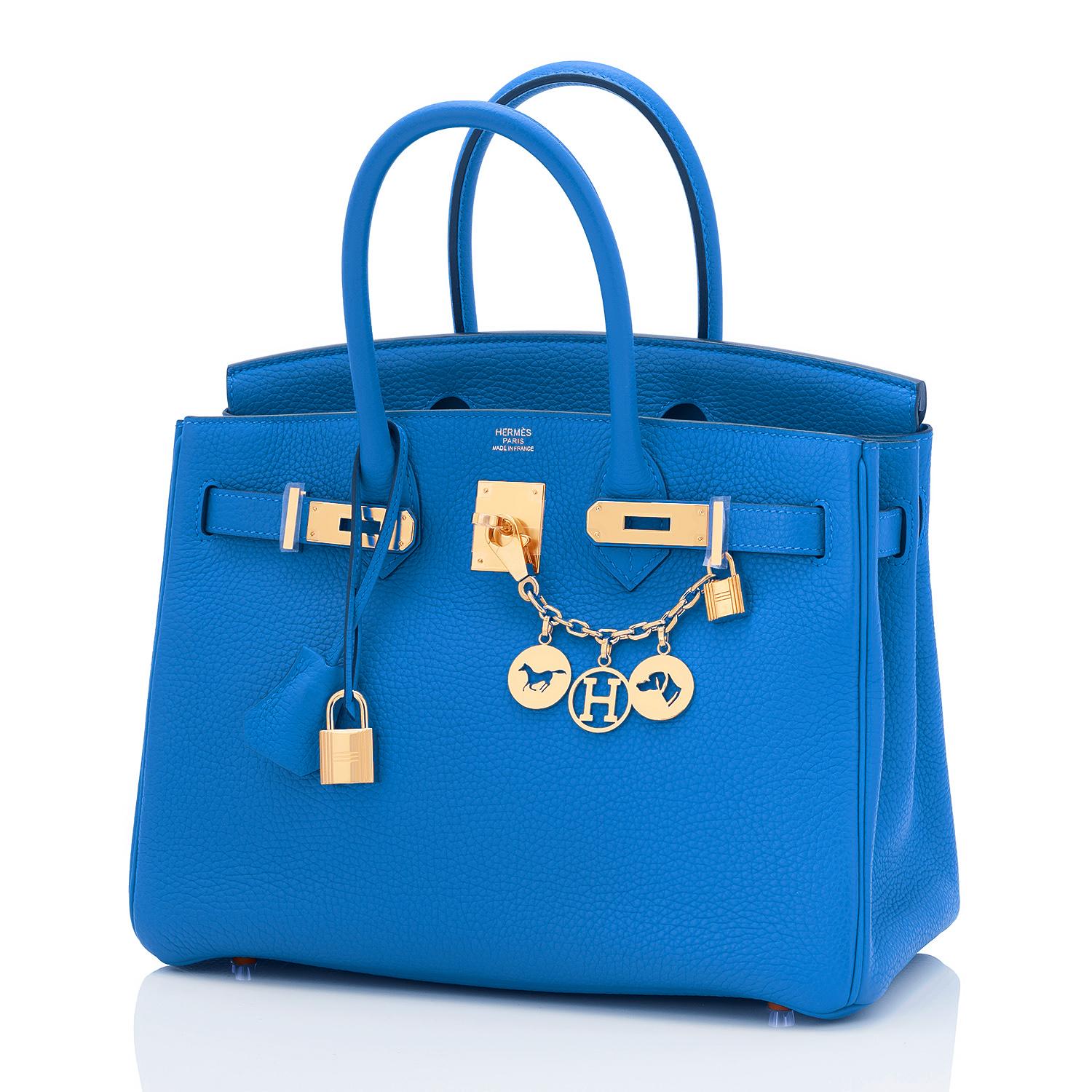 Hermes Birkin 30cm Mykonos Blue Birkin Gold Hardware Bag Z Stamp, 2021
Just purchased from Hermes store! Bag bears new interior 2021 Z Stamp.
Brand New in Box. Store fresh. Pristine condition (with plastic on hardware).
Perfect gift! Coming full set