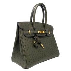 Hermes Birkin 30cm Ostrich Leather Exotic Vert Olive Gold Tone Hardware Handbag