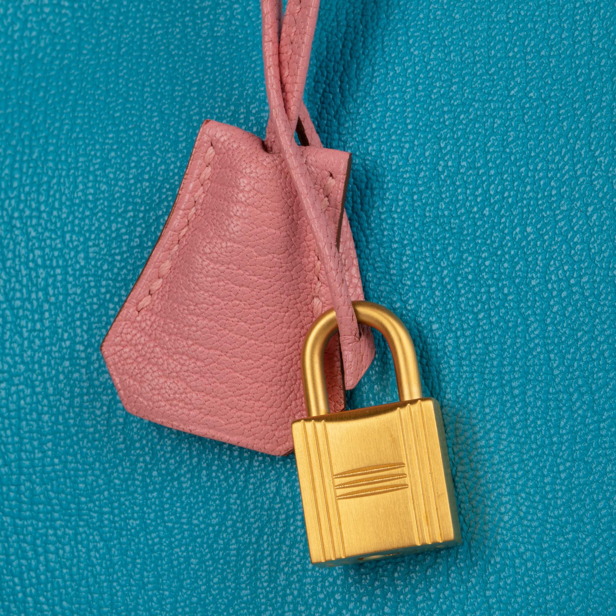 Hermes Birkin 30cm Special Order Blue Aztec & Rose Confetti Chevre Leather Brush For Sale 6
