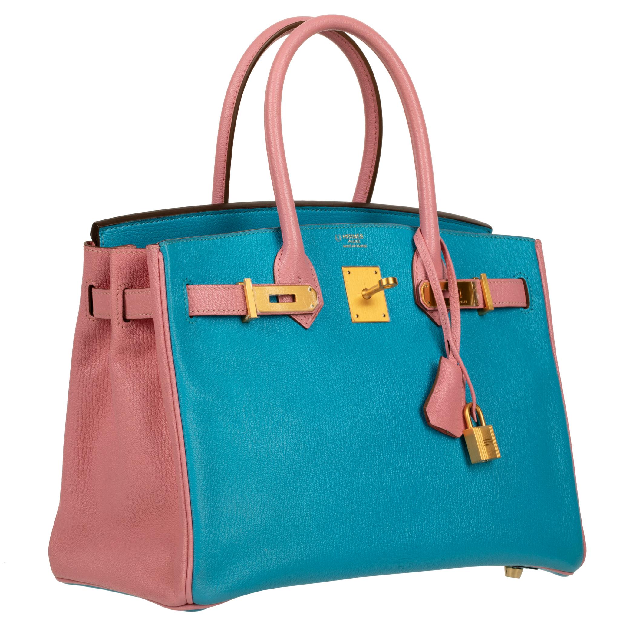 Hermes Birkin 30cm Special Order Blue Aztec & Rose Confetti Chevre Leather Brush In Excellent Condition For Sale In Sydney, New South Wales