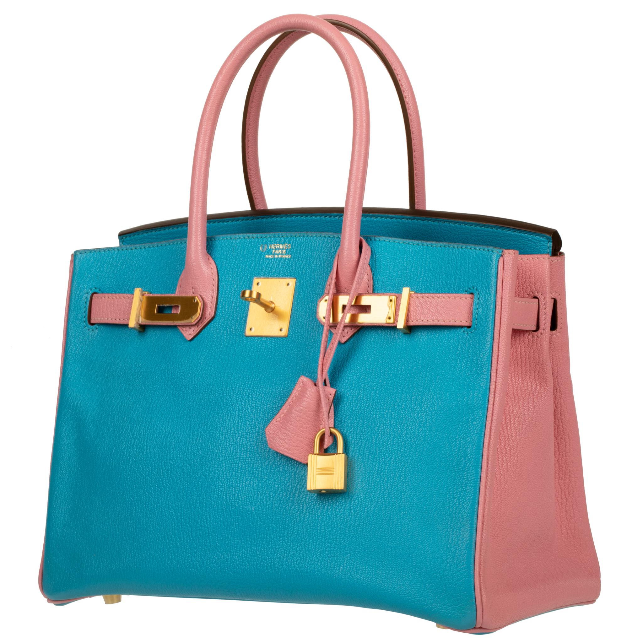 Women's or Men's Hermes Birkin 30cm Special Order Blue Aztec & Rose Confetti Chevre Leather Brush For Sale