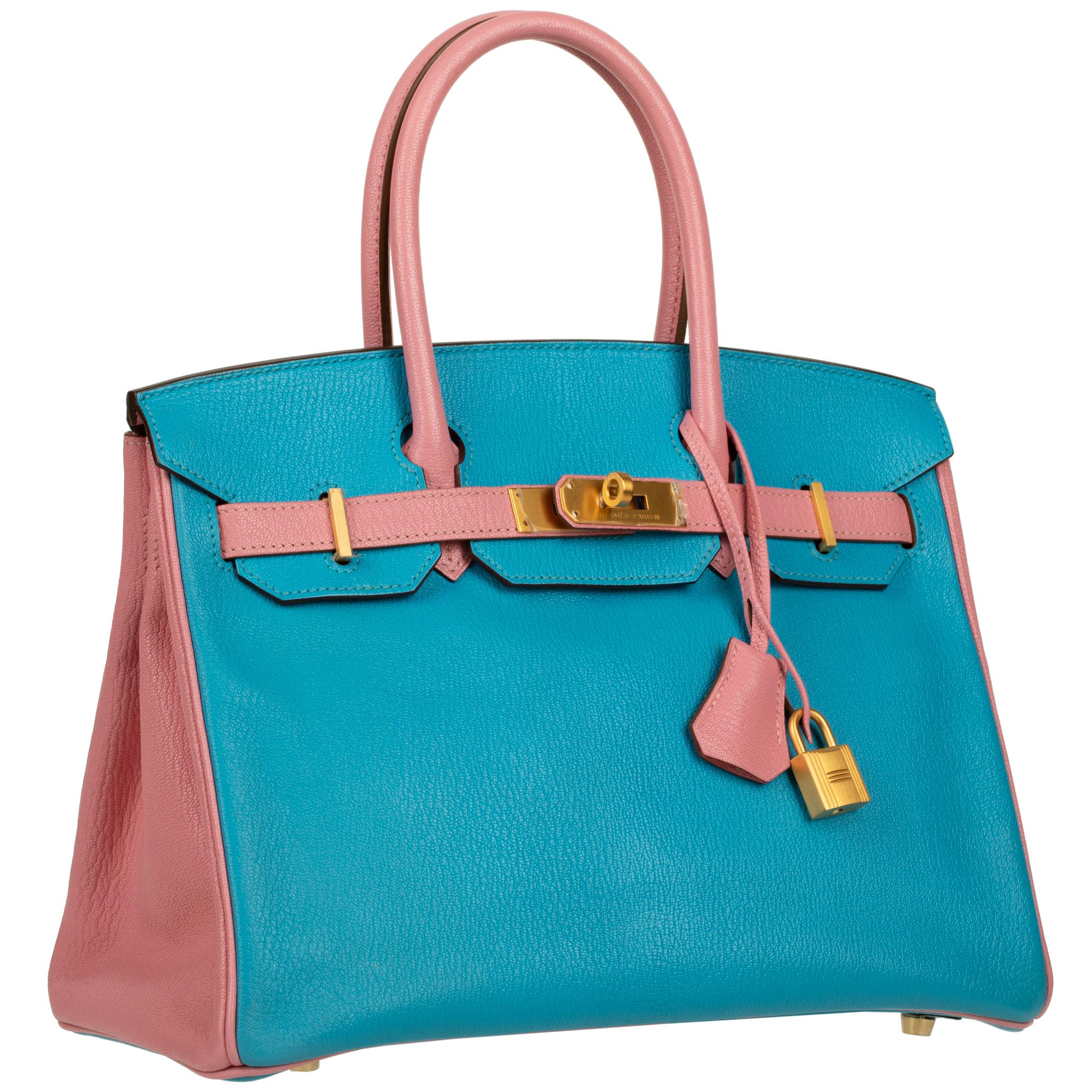 Hermes Birkin 30cm Special Order Blue Aztec & Rose Confetti Chevre Leather Brush For Sale 1