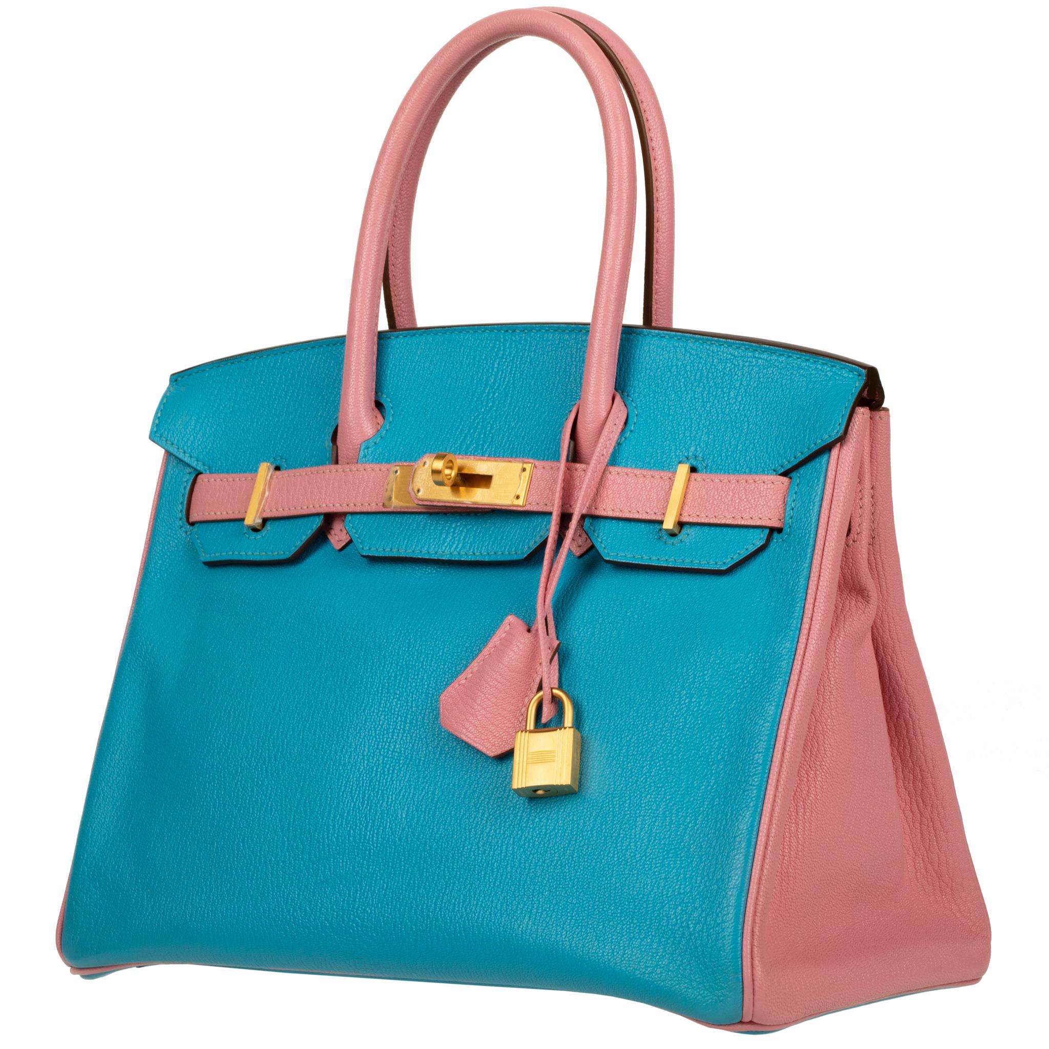 Hermes Birkin 30cm Special Order Blue Aztec & Rose Confetti Chevre Leather Brush For Sale 2