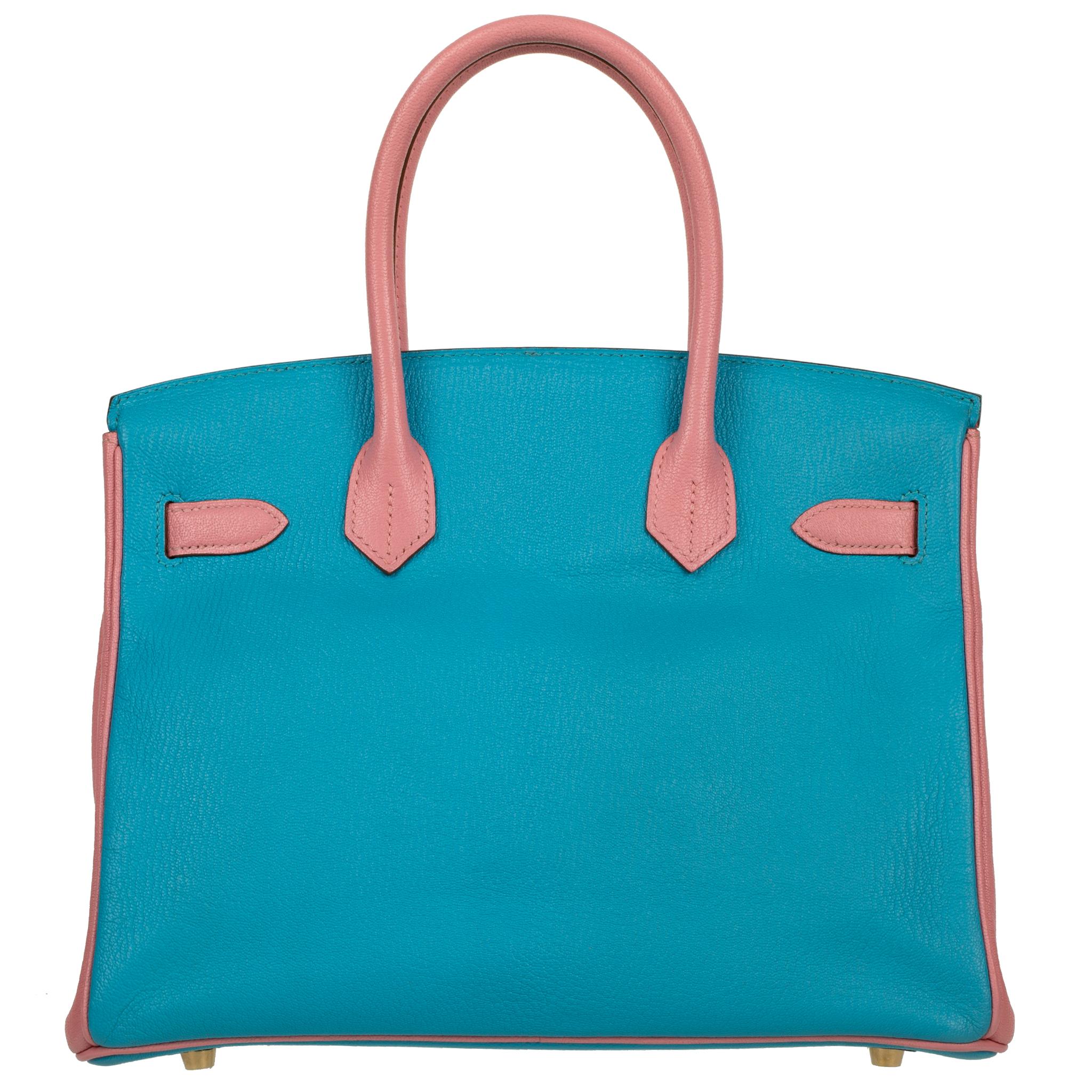 Hermes Birkin 30cm Special Order Blue Aztec & Rose Confetti Chevre Leather Brush For Sale 3