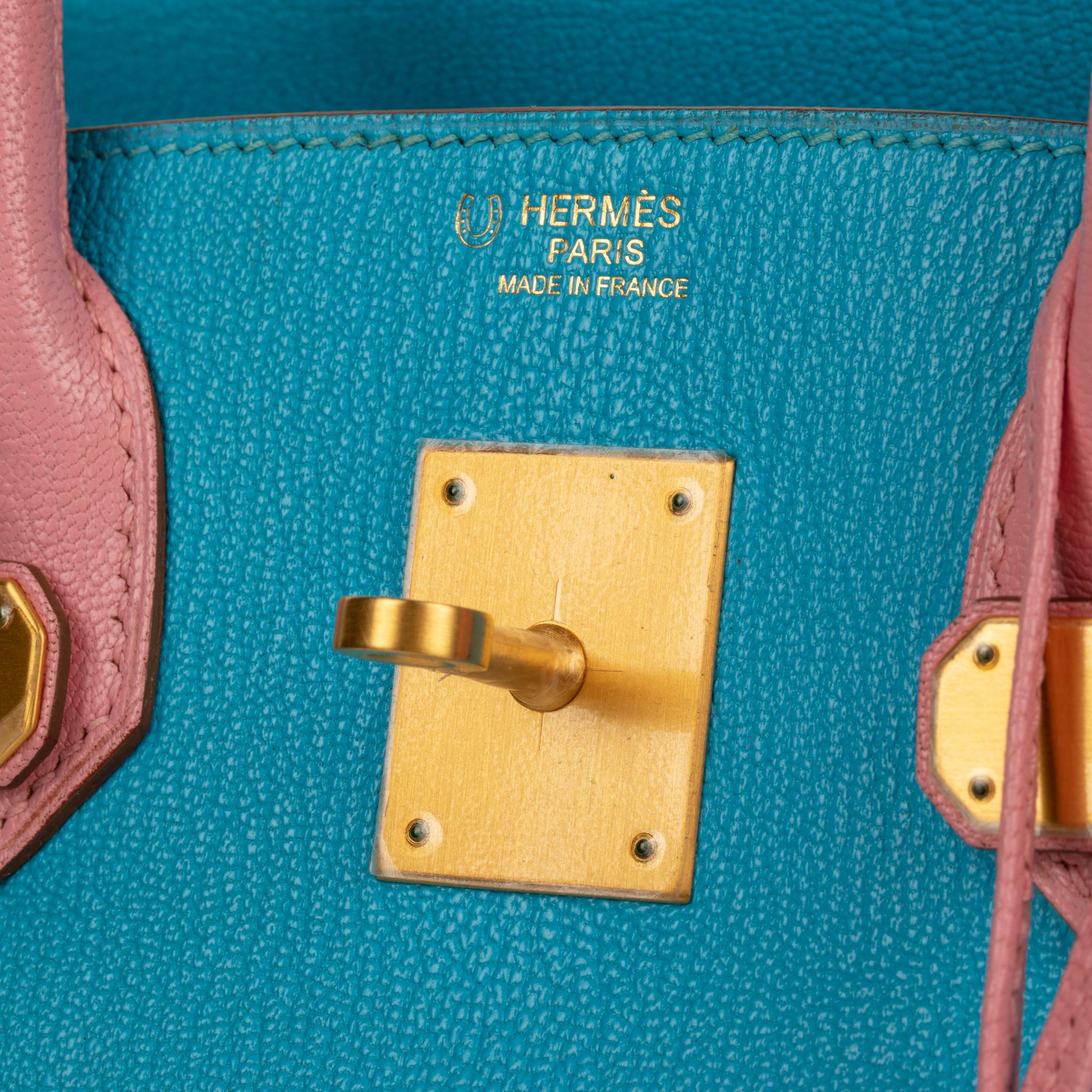 Hermes Birkin 30cm Special Order Blue Aztec & Rose Confetti Chevre Leather Brush For Sale 5