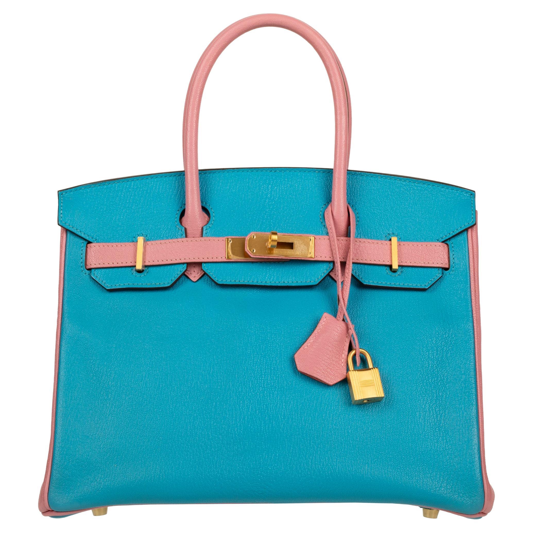 Hermes Birkin 30cm Special Order Blue Aztec & Rose Confetti Chevre Leather Brush For Sale