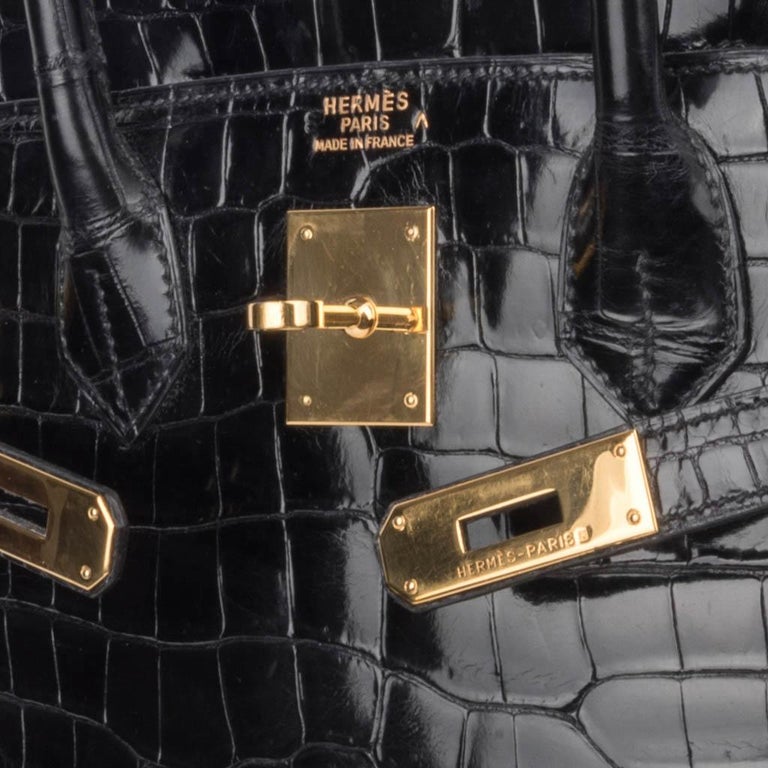 Hermes Birkin 32 Hac Bag Black Crocodile Lisse Gold Hardware In Good Condition In Miami, FL