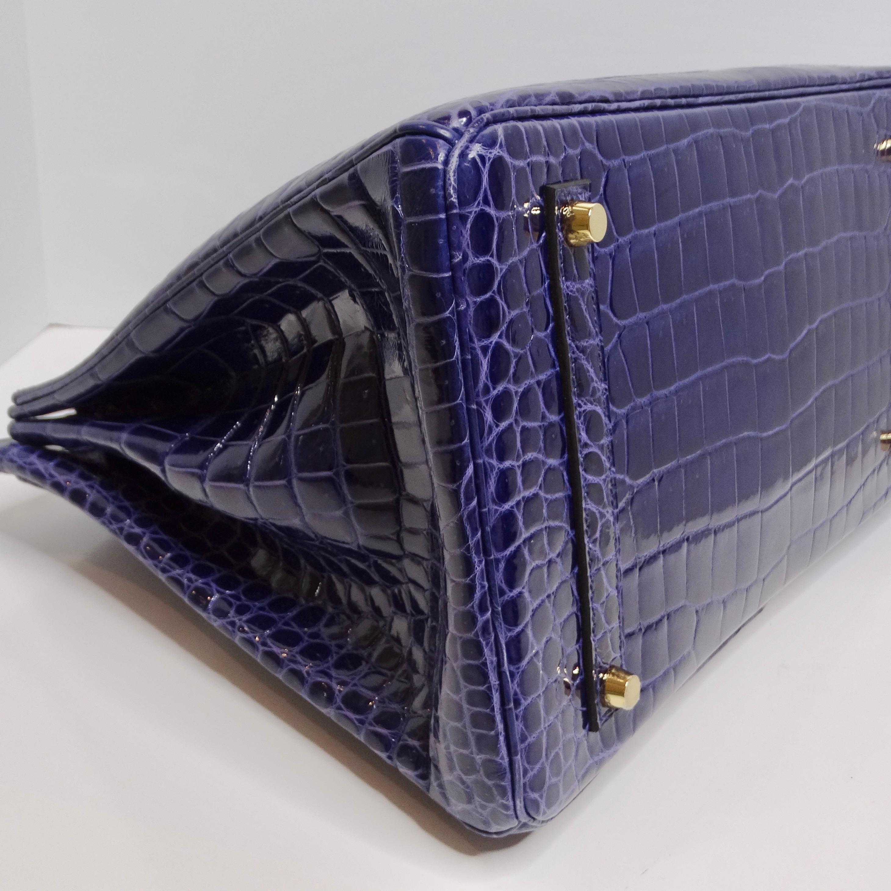 Hermes Birkin 35 Amethyst Shiny Porosus Crocodile Gold Hardware For Sale 8