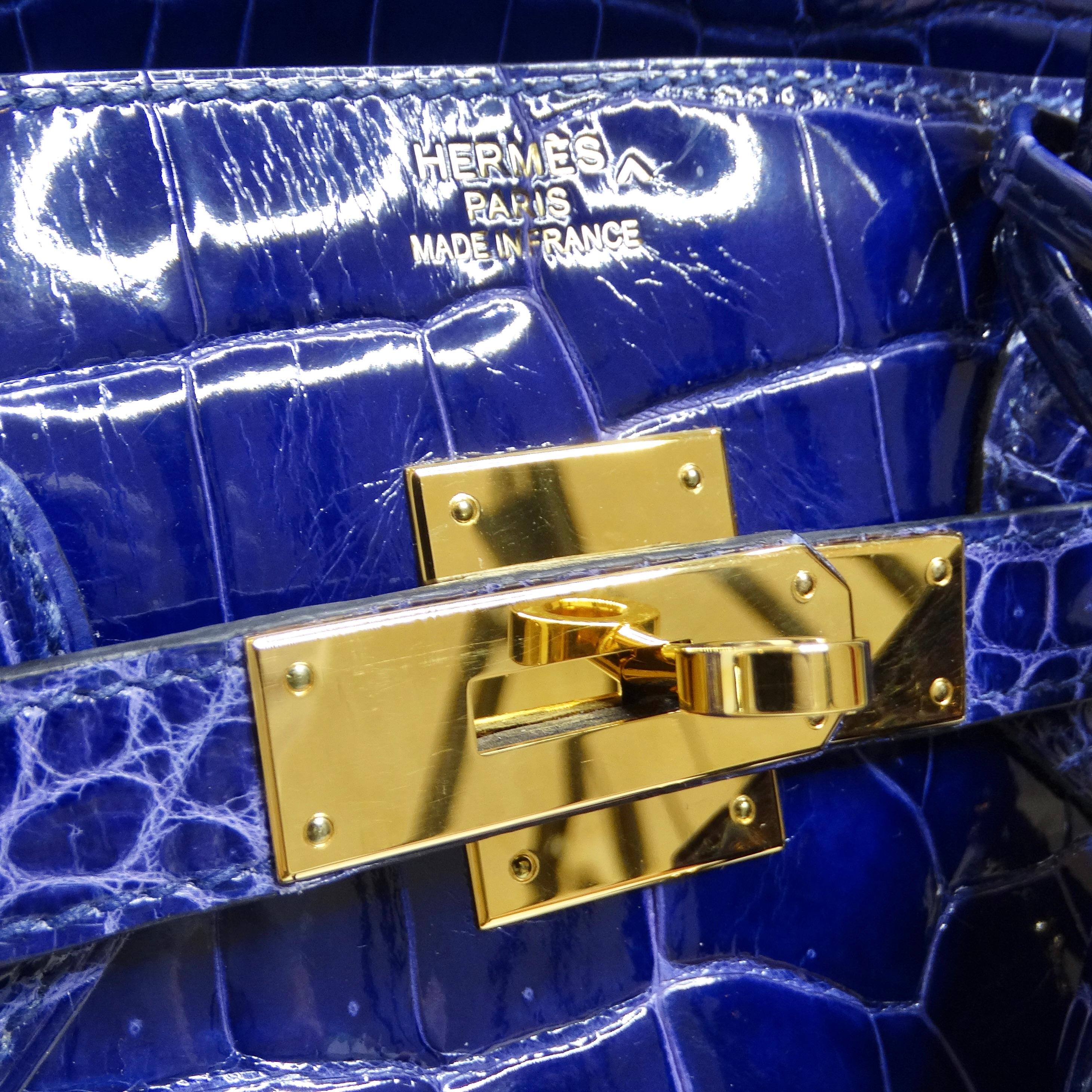 Hermes Birkin 35 Amethyst Shiny Porosus Crocodile Gold Hardware  For Sale 4