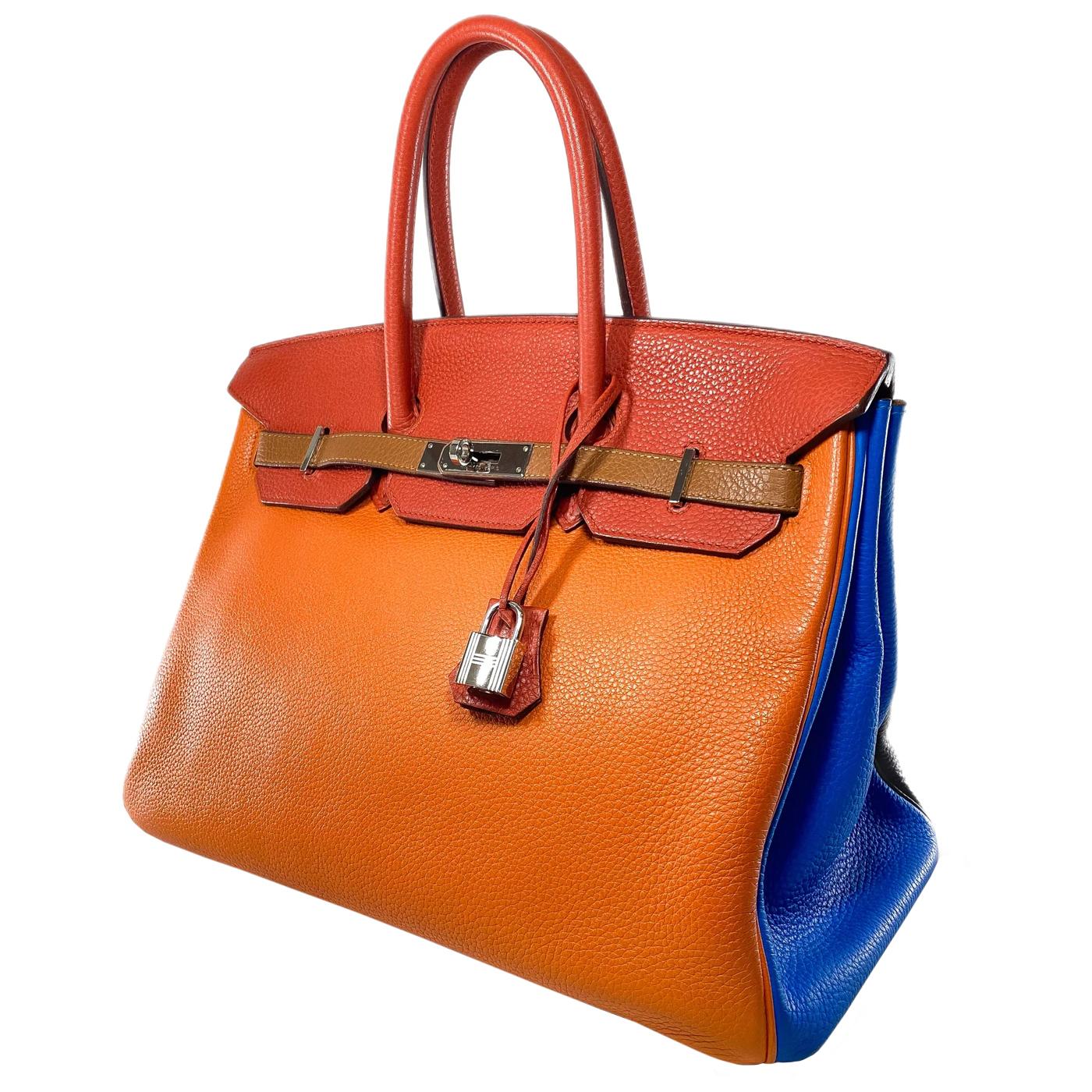 Hermes Birkin 35 Arlequin Orange Sanguine Gold Bleu Lin Clemence in Palladium In Excellent Condition For Sale In Aventura, FL