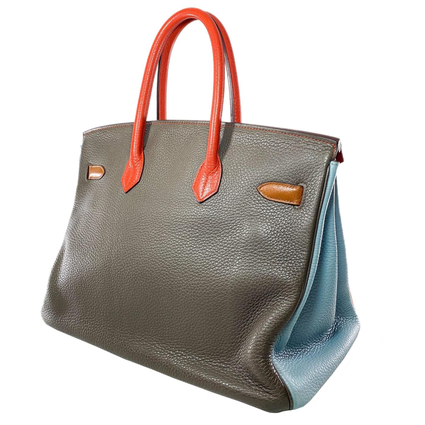 Women's Hermes Birkin 35 Arlequin Orange Sanguine Gold Bleu Lin Clemence in Palladium For Sale