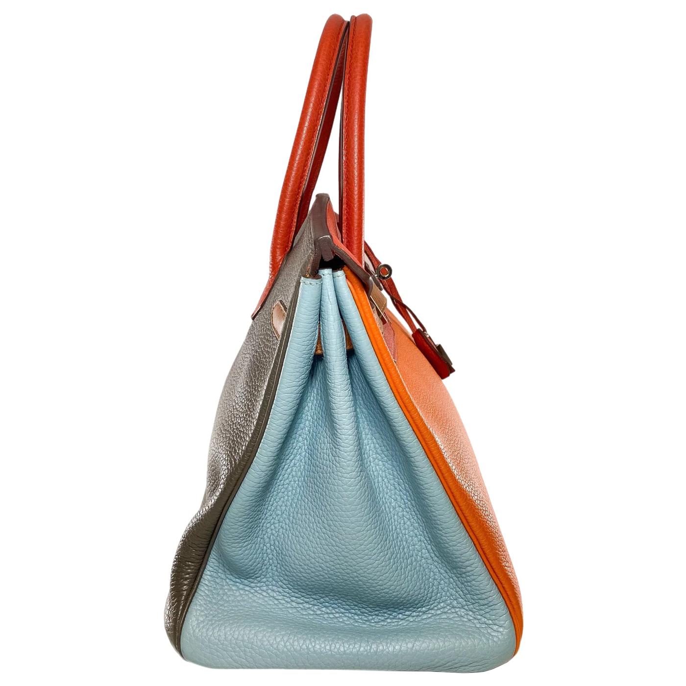 Hermes Birkin 35 Arlequin Orange Sanguine Gold Bleu Lin Clemence in Palladium For Sale 1