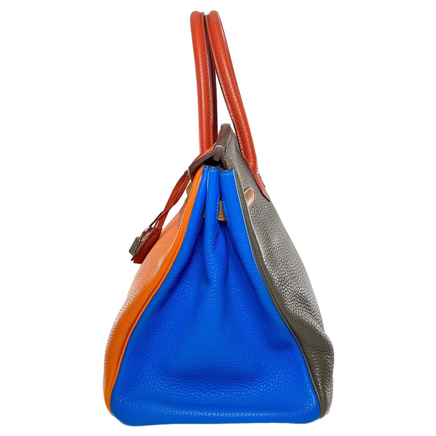Hermes Birkin 35 Arlequin Orange Sanguine Gold Bleu Lin Clemence in Palladium For Sale 2