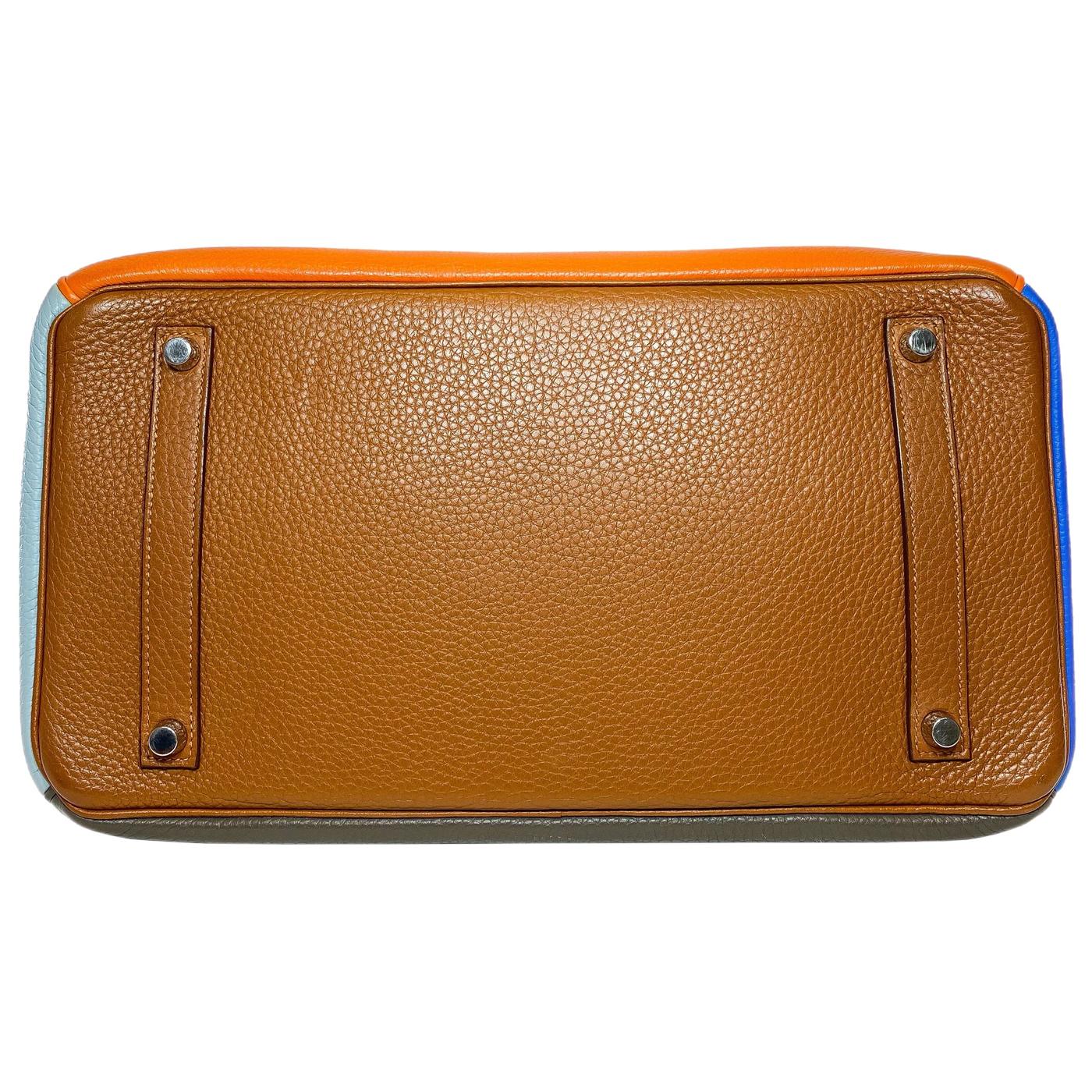 Hermes Birkin 35 Arlequin Orange Sanguine Gold Bleu Lin Clemence in Palladium For Sale 3