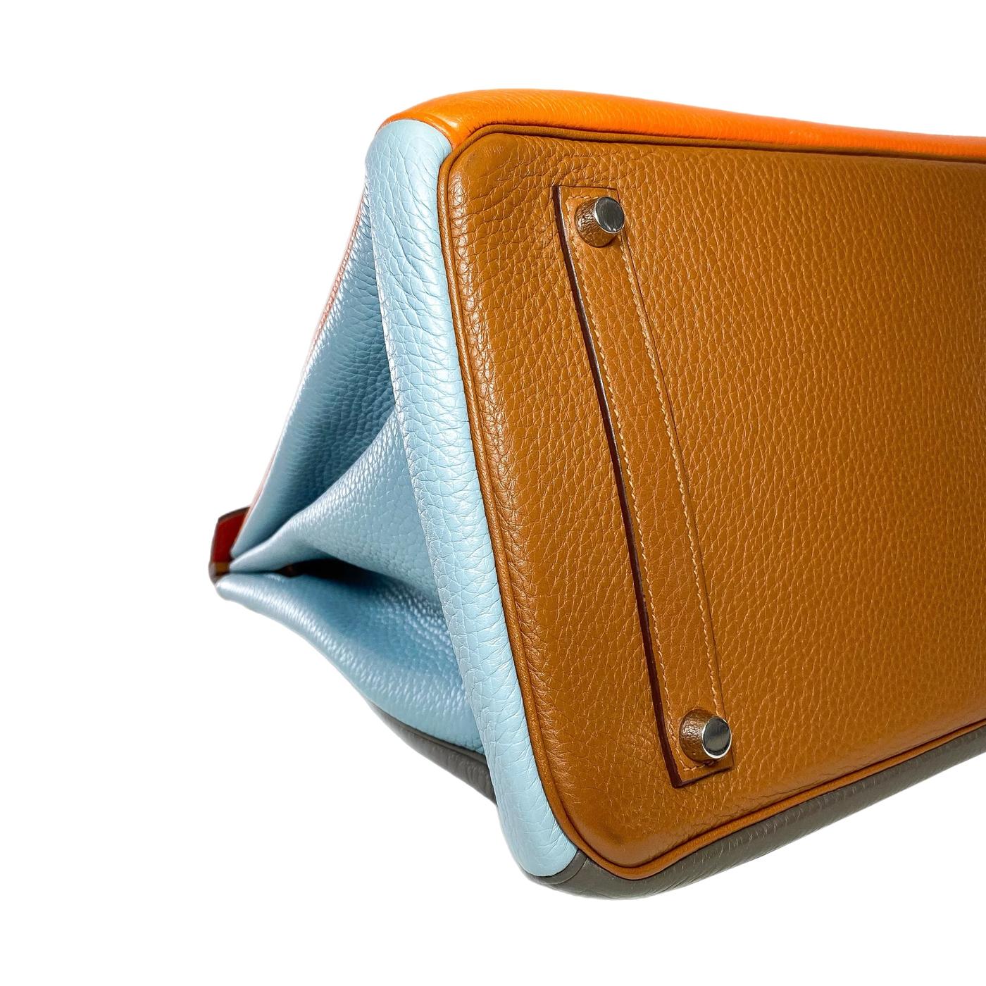 Hermes Birkin 35 Arlequin Orange Sanguine Gold Bleu Lin Clemence in Palladium For Sale 4