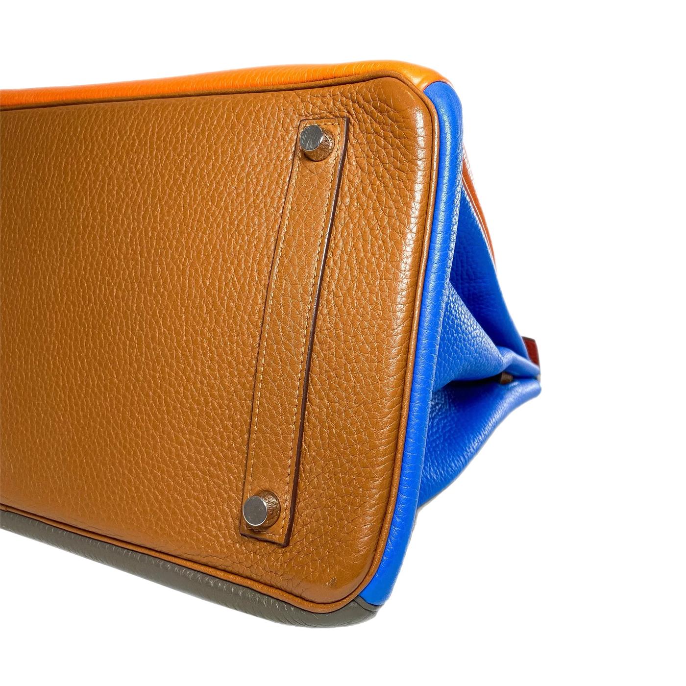 Hermes Birkin 35 Arlequin Orange Sanguine Gold Bleu Lin Clemence in Palladium For Sale 5