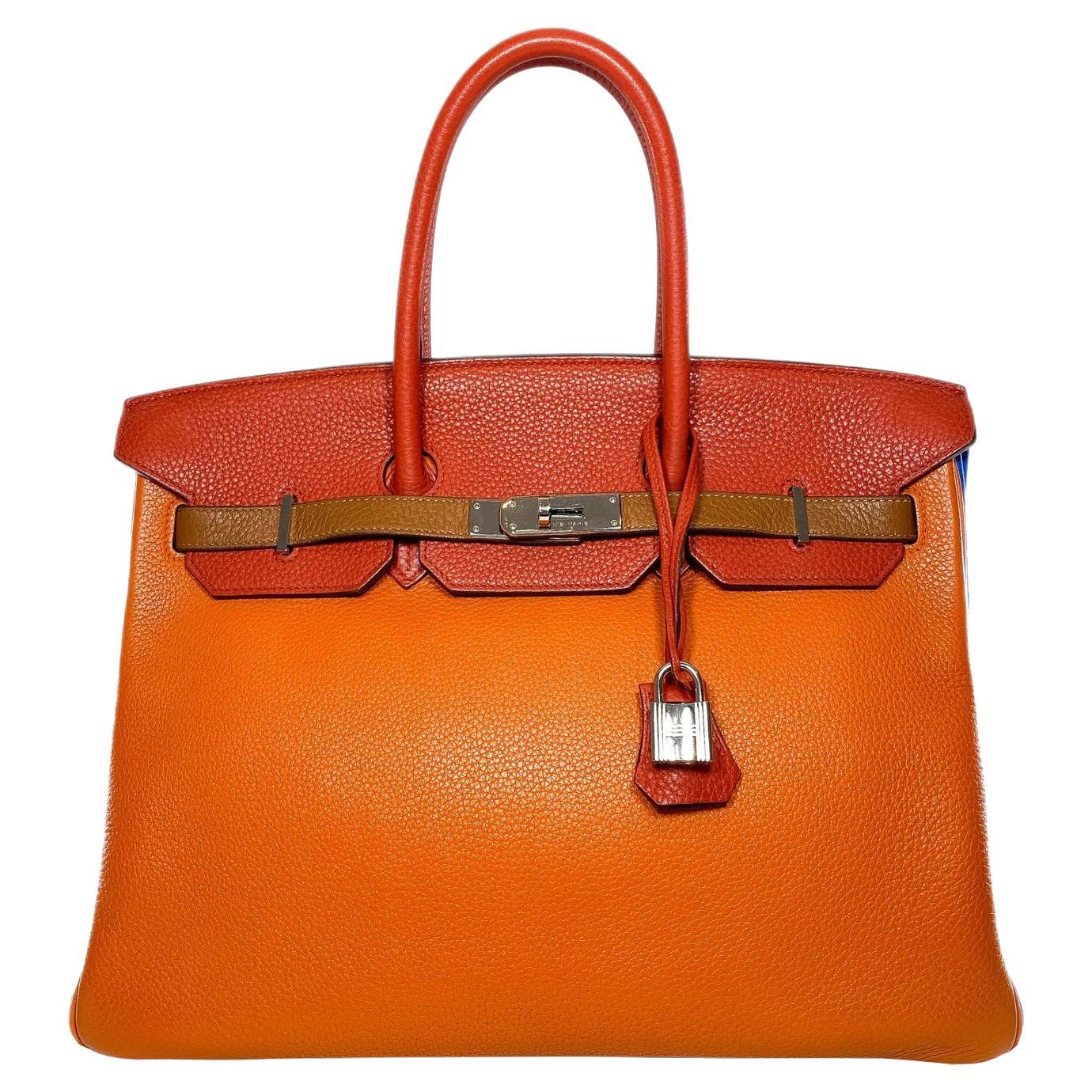 Hermes Birkin 35 Arlequin Orange Sanguine Gold Bleu Lin Clemence in Palladium
