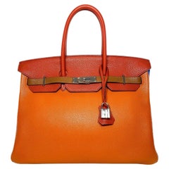 Hermes Birkin 35 Arlequin Orange Sanguine Gold Bleu Lin Clemence in Palladium