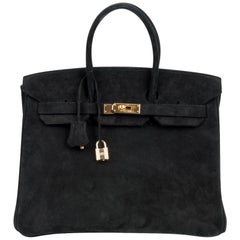 Hermes Birkin 35 Sac Daim Doblis Noir Quincaillerie Or Edition Limitée 