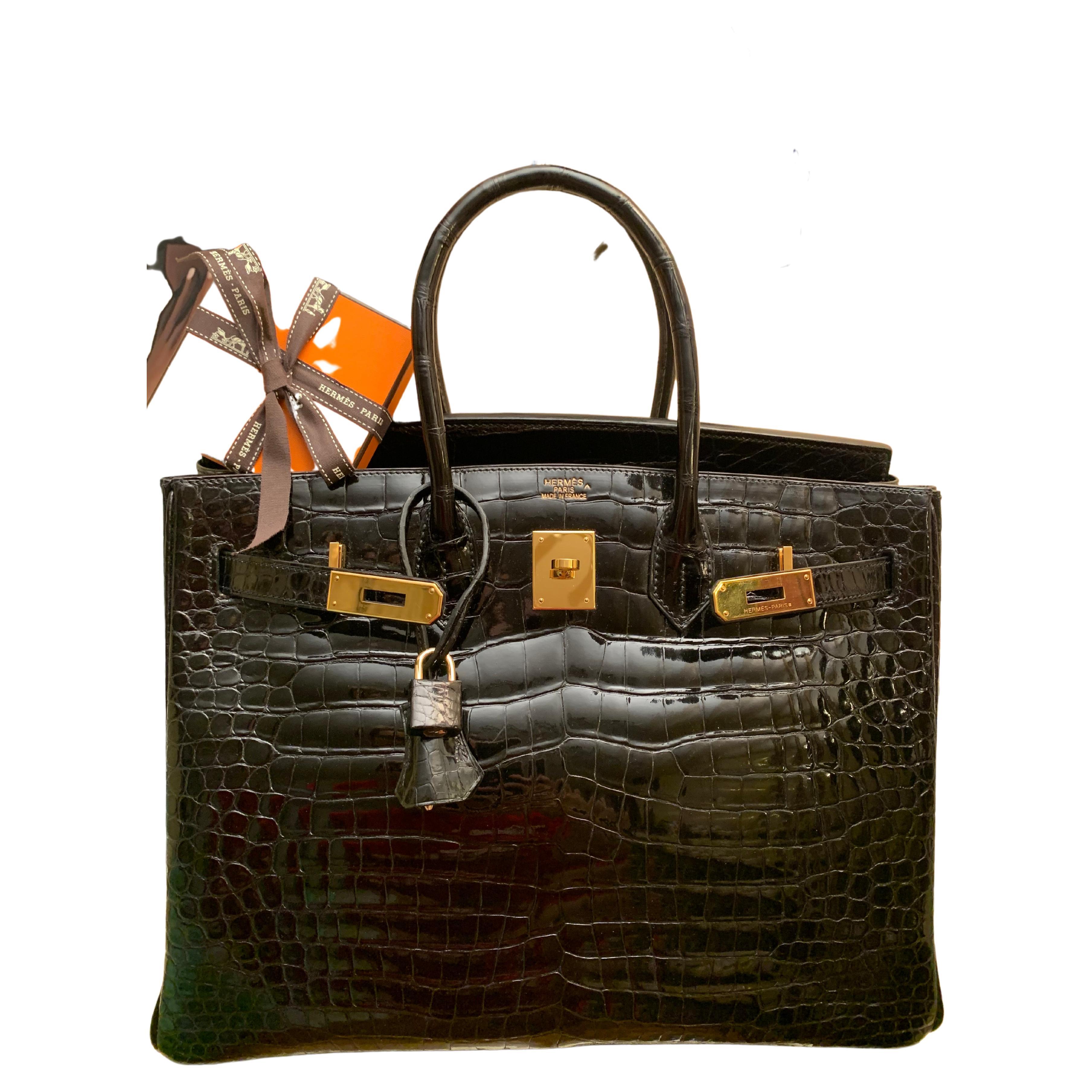 HERMES Black Crocodile Alligator 35 Birkin Bag Silver Hardware!