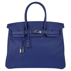 Hermès - Sac Birkin 35 bleu saphir avec toile imprimée Sea Surf, édition limitée 