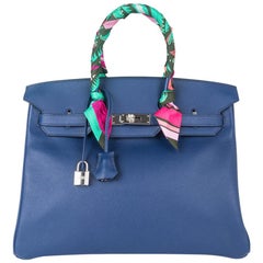 Hermes Birkin 35 Tasche Blau Sapphire Ltd Ed w / Toile bedruckt Meeres Surf Fun Innenseite