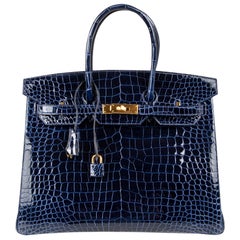 Hermes Birkin 35 Bag Blue Sapphire Porosus Crocodile Gold Hardware