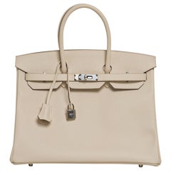 Sac Hermès Birkin 35 Craie Epsom finitions métalliques en palladium