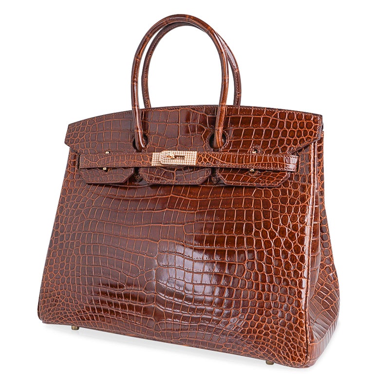Women's Hermes Birkin 35 Bag Diamond Miel Porosus Crocodile Gold Hardware For Sale