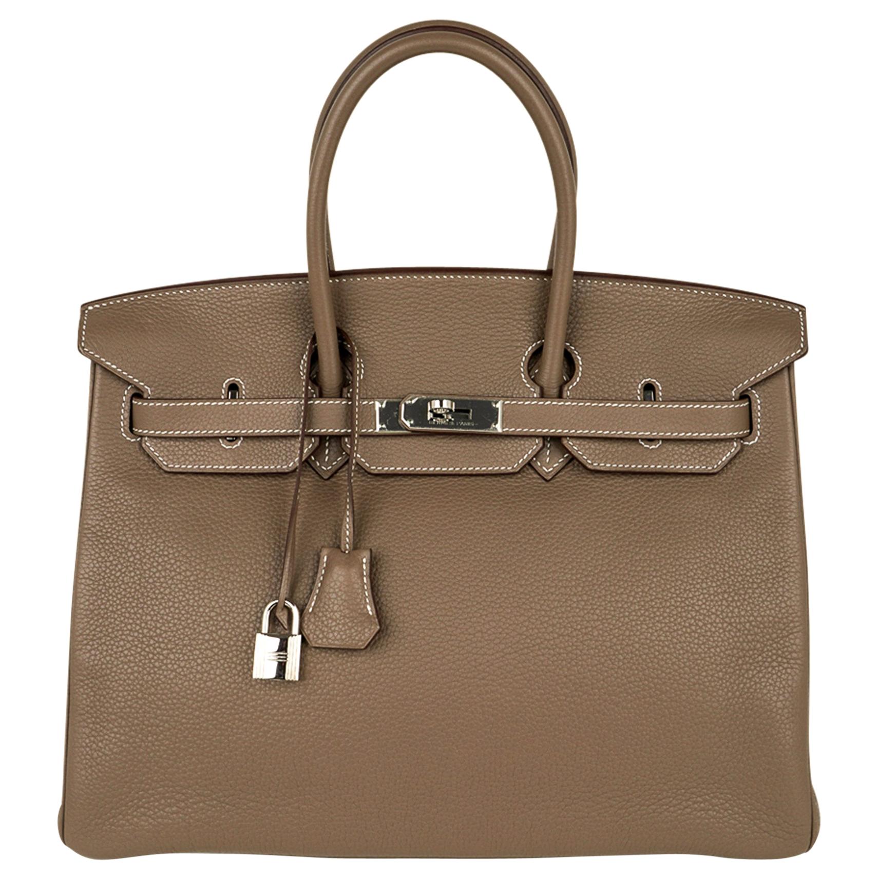 Hermes Birkin 35 Bag Etoupe Clemence Leather Palladium Hardware 