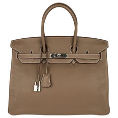 Hermes Birkin 35 Bag Etoupe Clemence Leather Palladium Hardware 