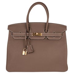 Sac Hermès Birkin 35 couleur étoupe finitions métalliques dorées cuir Togo taupe neutre